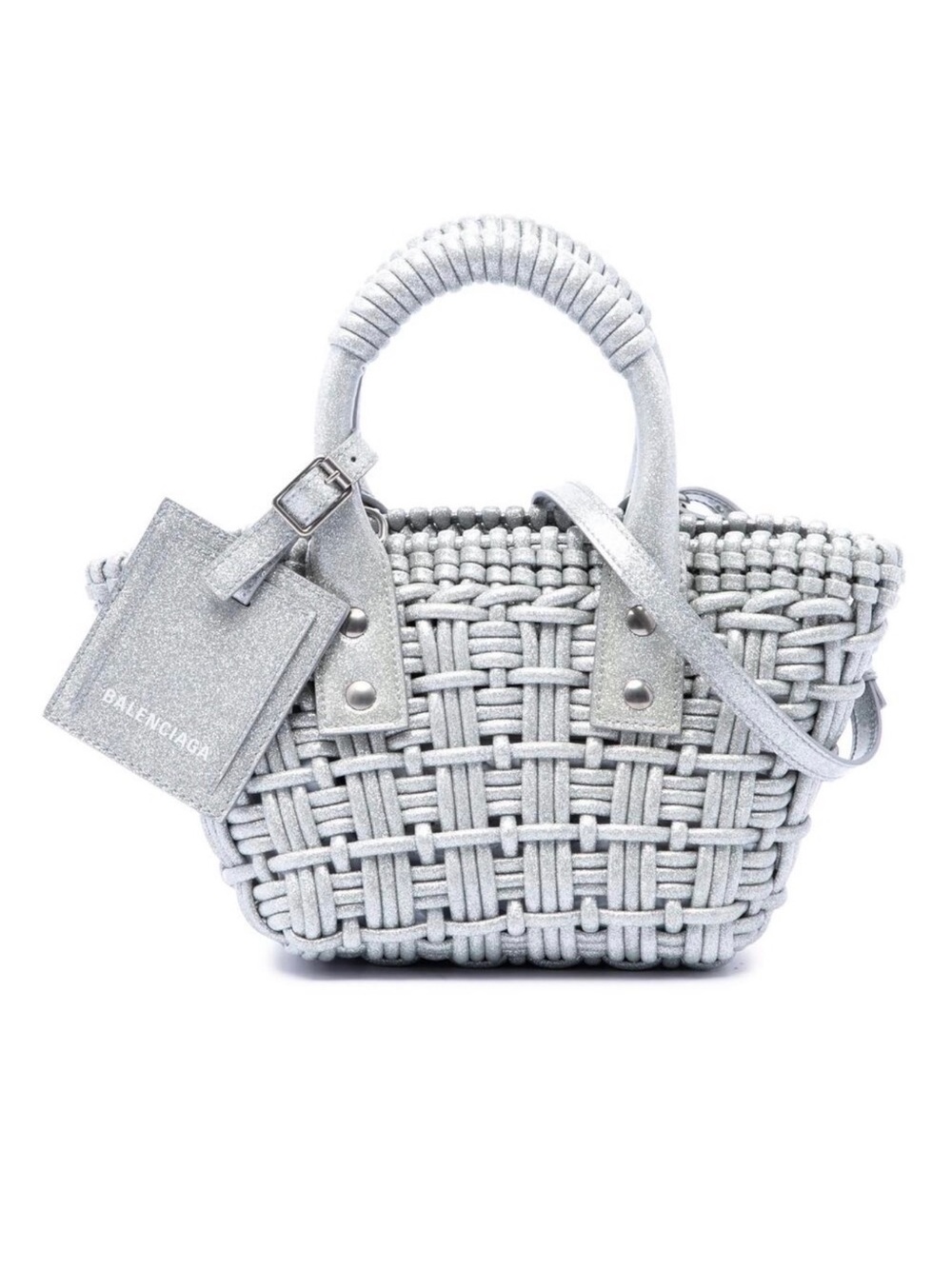 Balenciaga Silver Woven Mini Basket Shoulder Bag